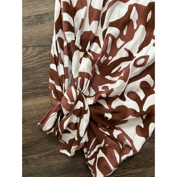 MSK Brown White Abstract Print Smocked Strapless Jumpsuit Tie Waist Ankle Medium - Picture 3 of 5